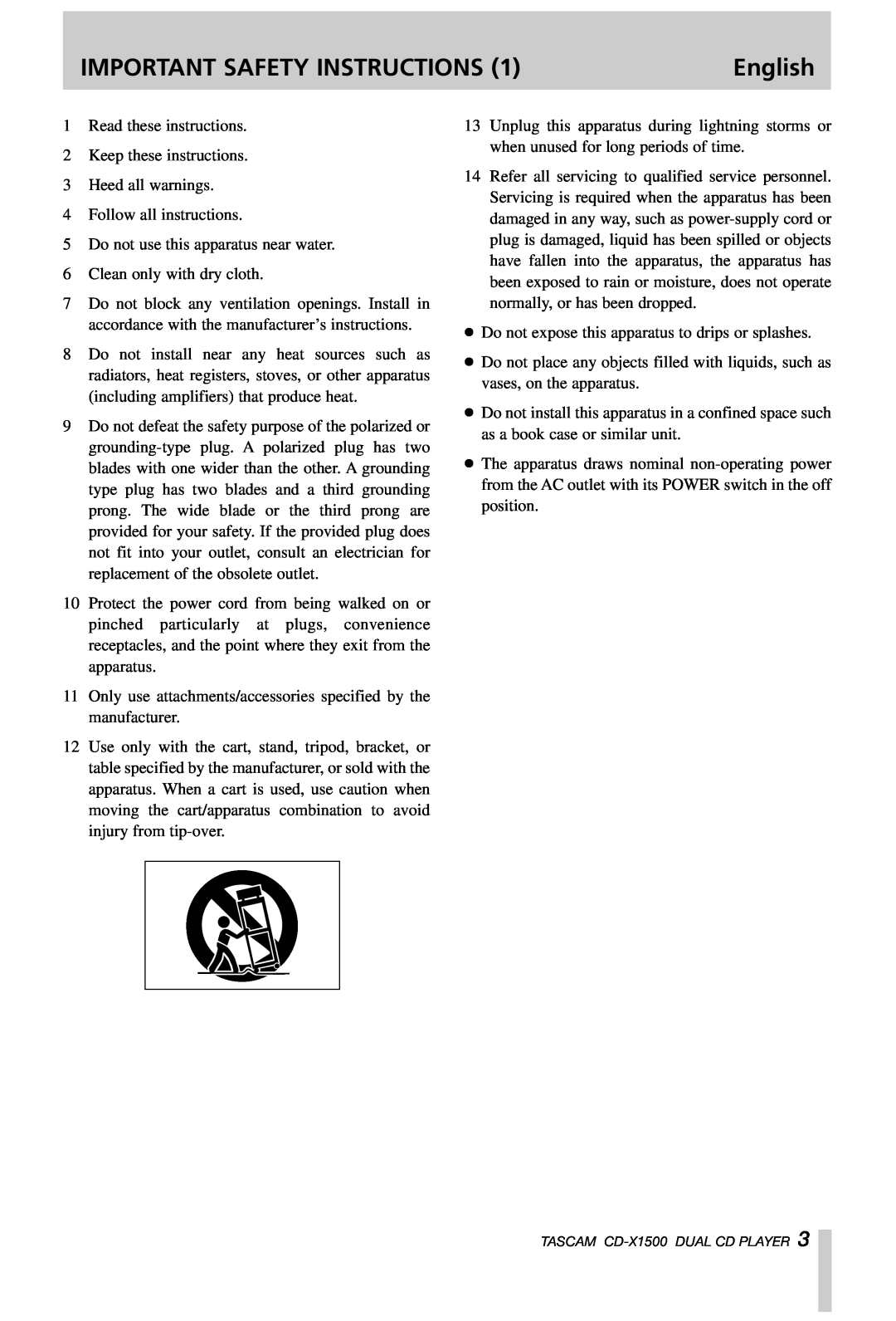 Tascam CD-X1500 owner manual Important Safety Instructions, English, Read these instructions 2 Keep these instructions 