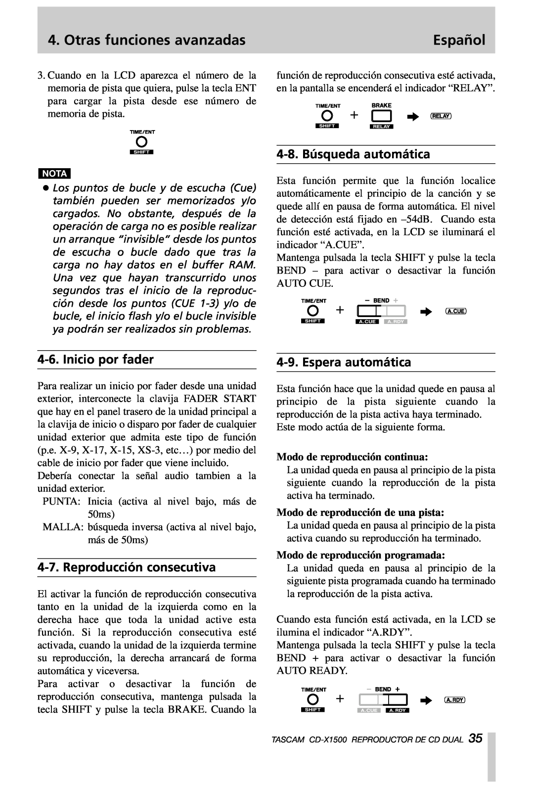Tascam CD-X1500 4-8. Búsqueda automática, Inicio por fader, Reproducción consecutiva, Espera automática, Español 