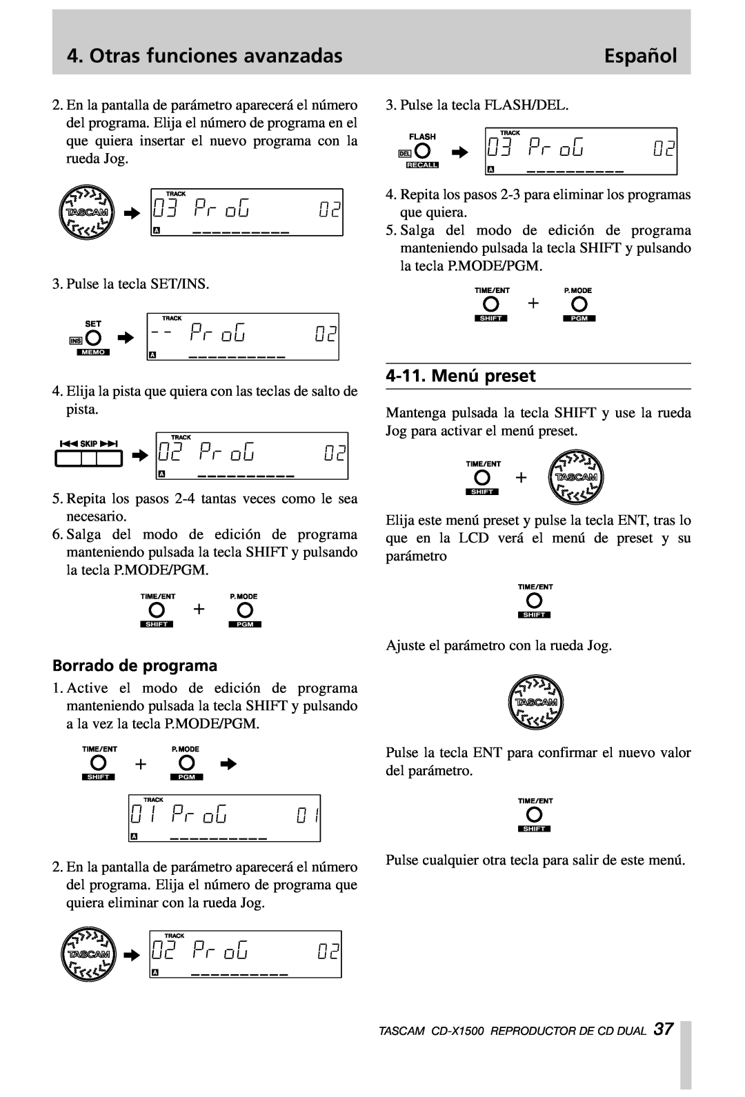 Tascam CD-X1500 owner manual Menú preset, Borrado de programa, Otras funciones avanzadas, Español 