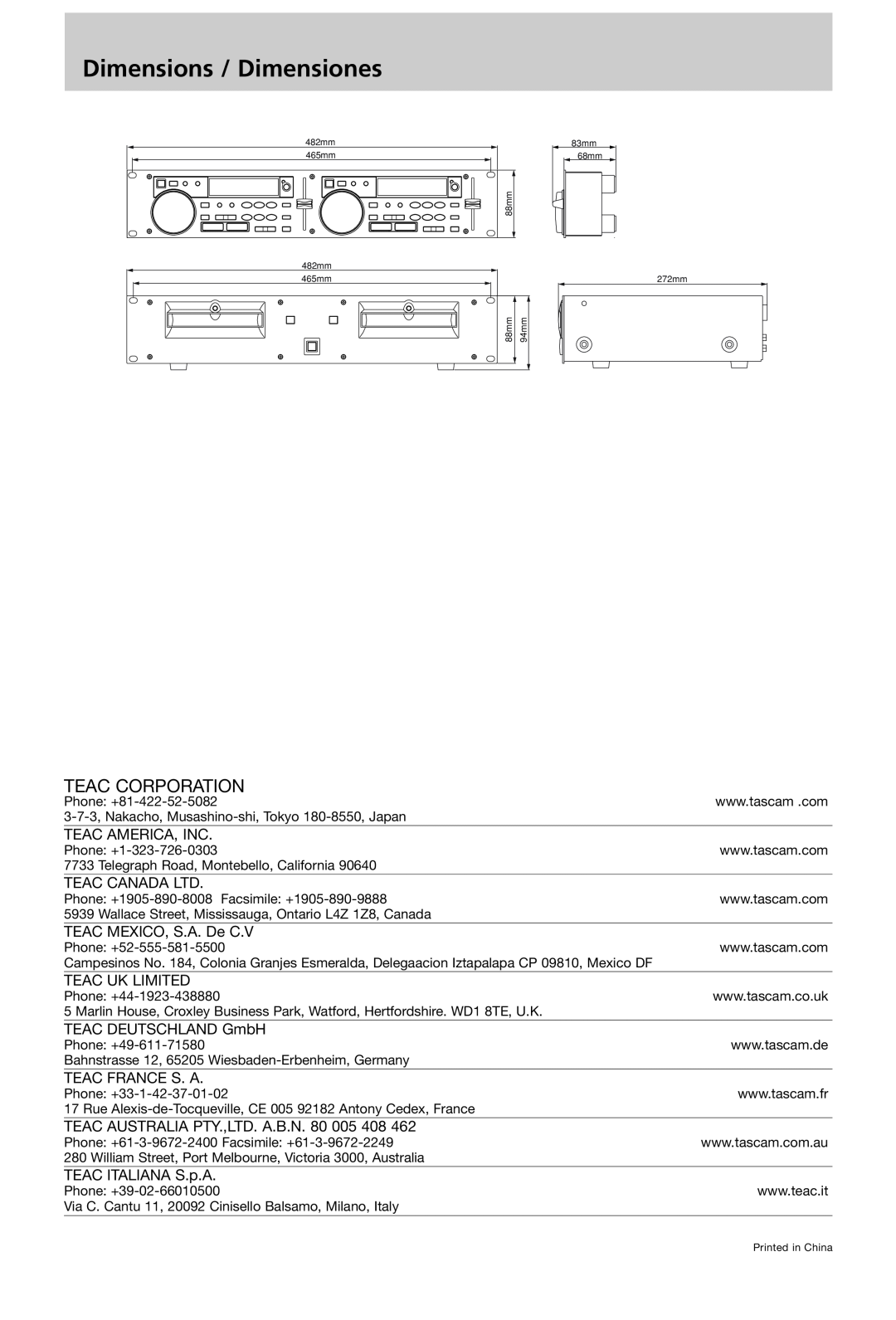 Tascam CD-X1500 owner manual Dimensions / Dimensiones, Teac Corporation 