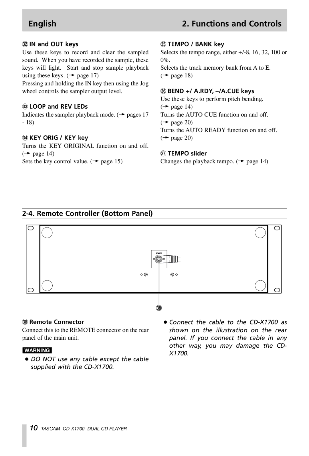 Tascam CD-X1700 owner manual Remote Controller Bottom Panel 