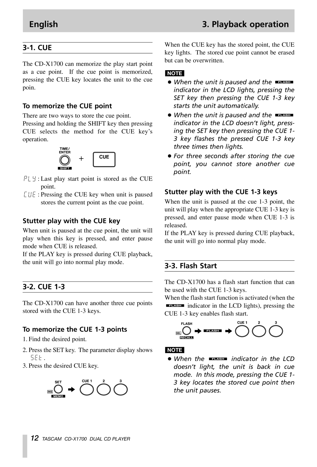 Tascam CD-X1700 owner manual English Playback operation, Cue, Flash Start 