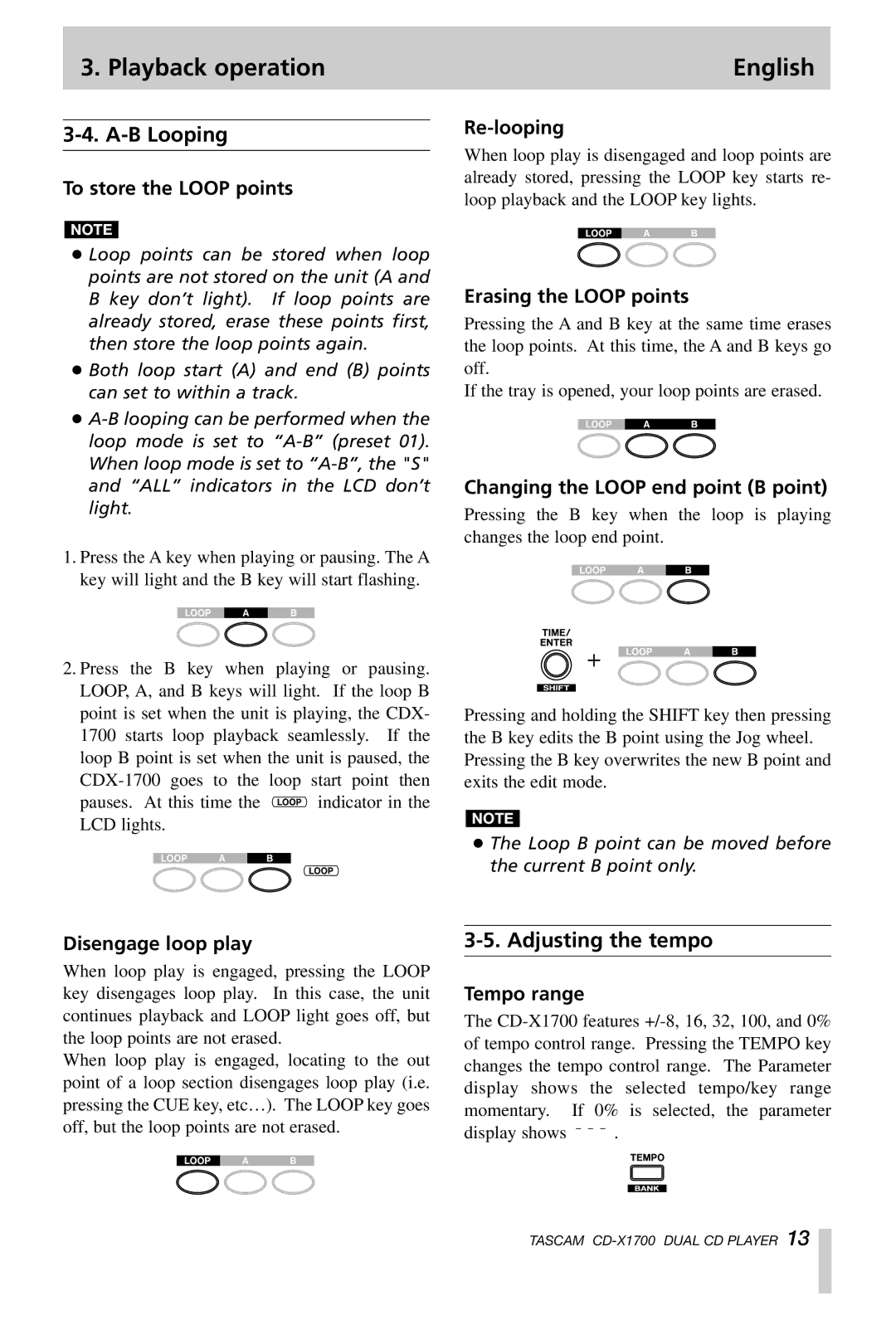 Tascam CD-X1700 owner manual B Looping, Adjusting the tempo 