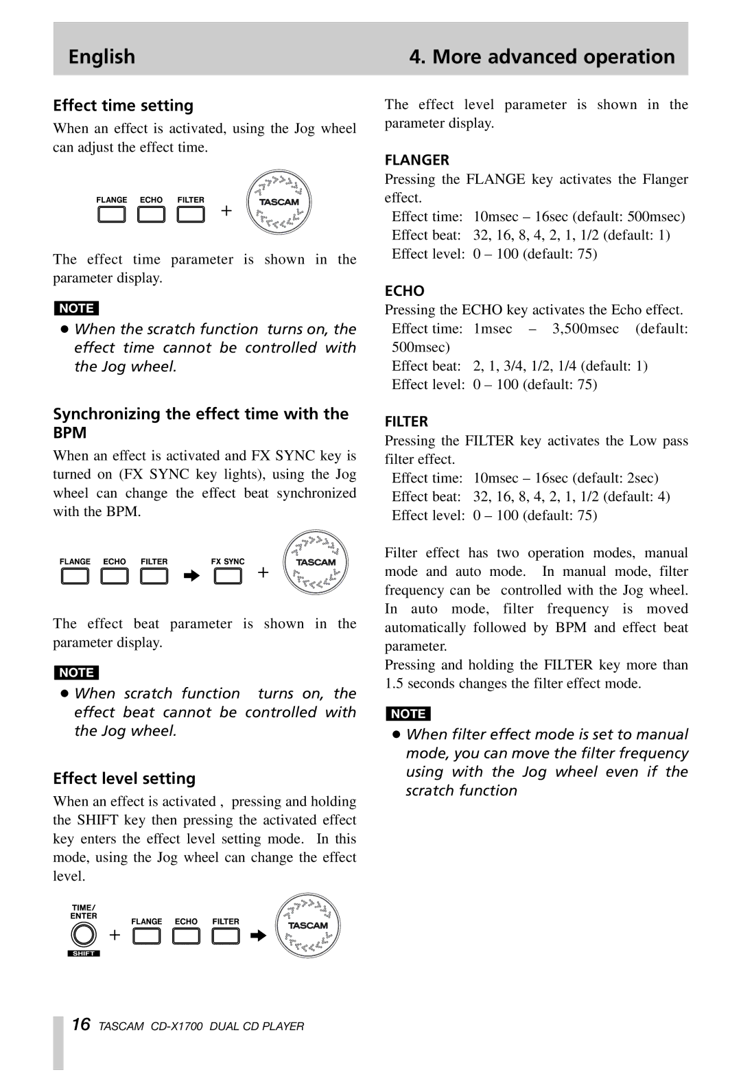 Tascam CD-X1700 owner manual English More advanced operation, Effect time setting, Synchronizing the effect time with 