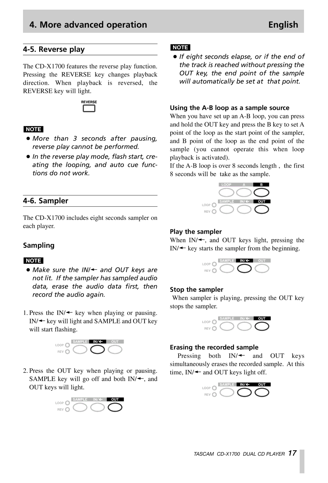 Tascam CD-X1700 owner manual Reverse play, Sampler, Sampling 