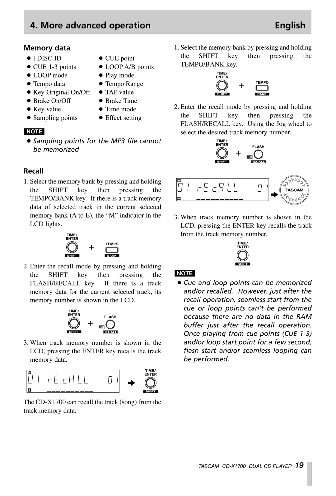 Tascam CD-X1700 owner manual Memory data, Recall 