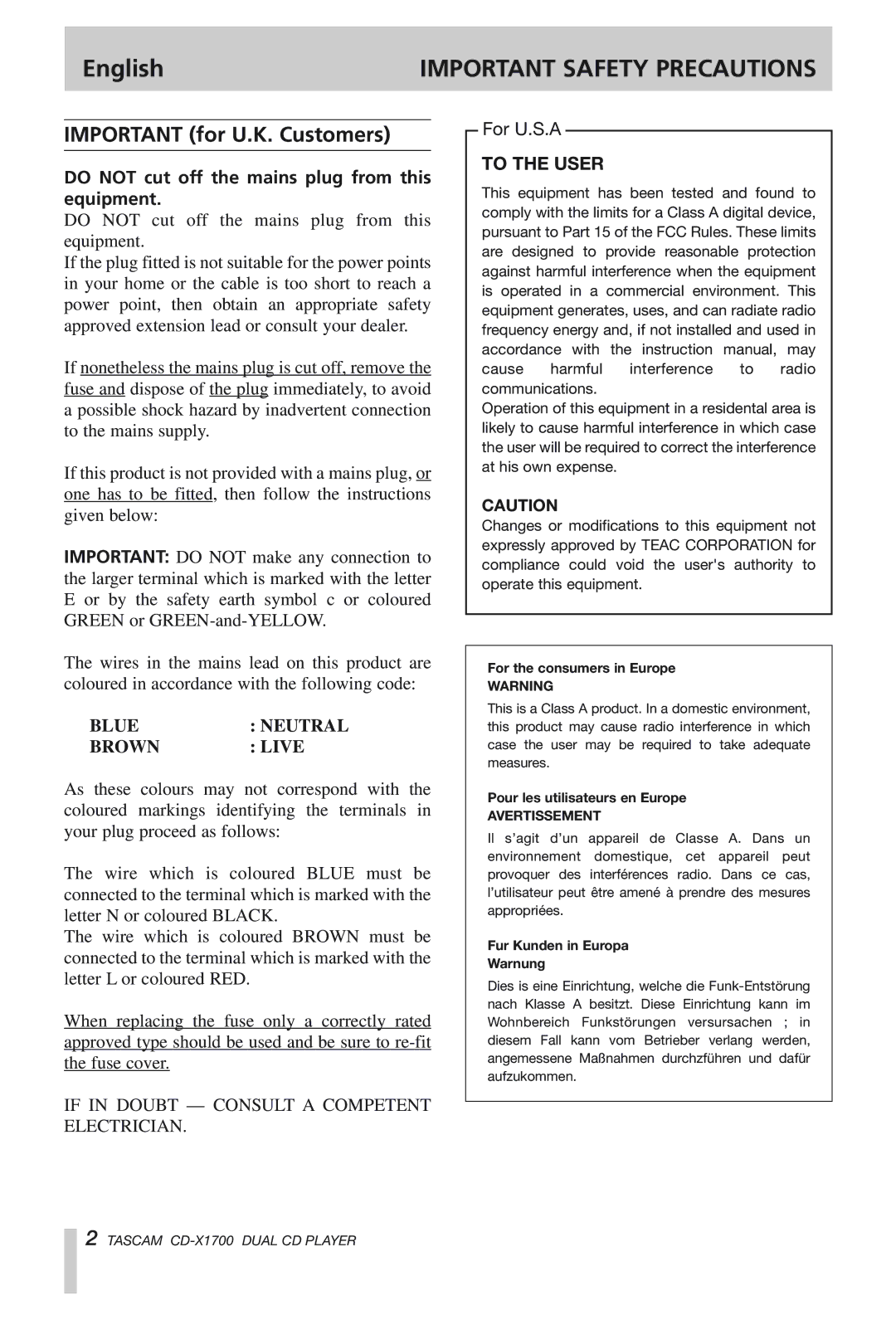 Tascam CD-X1700 owner manual English, Important for U.K. Customers, Do not cut off the mains plug from this equipment 