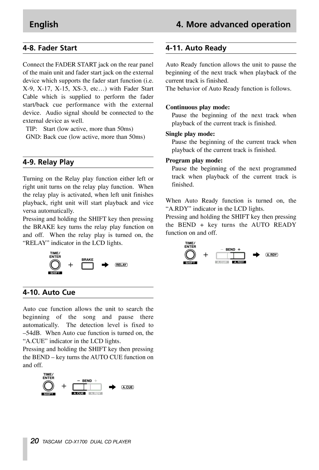 Tascam CD-X1700 owner manual Fader Start, Relay Play, Auto Ready, Auto Cue 