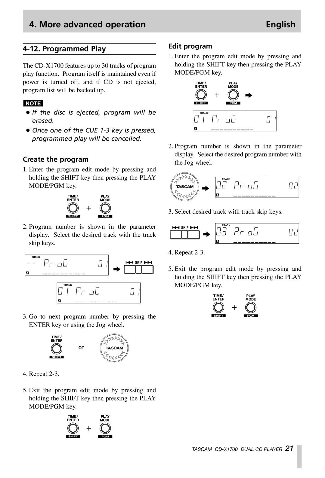 Tascam CD-X1700 owner manual Programmed Play, Create the program, Edit program 