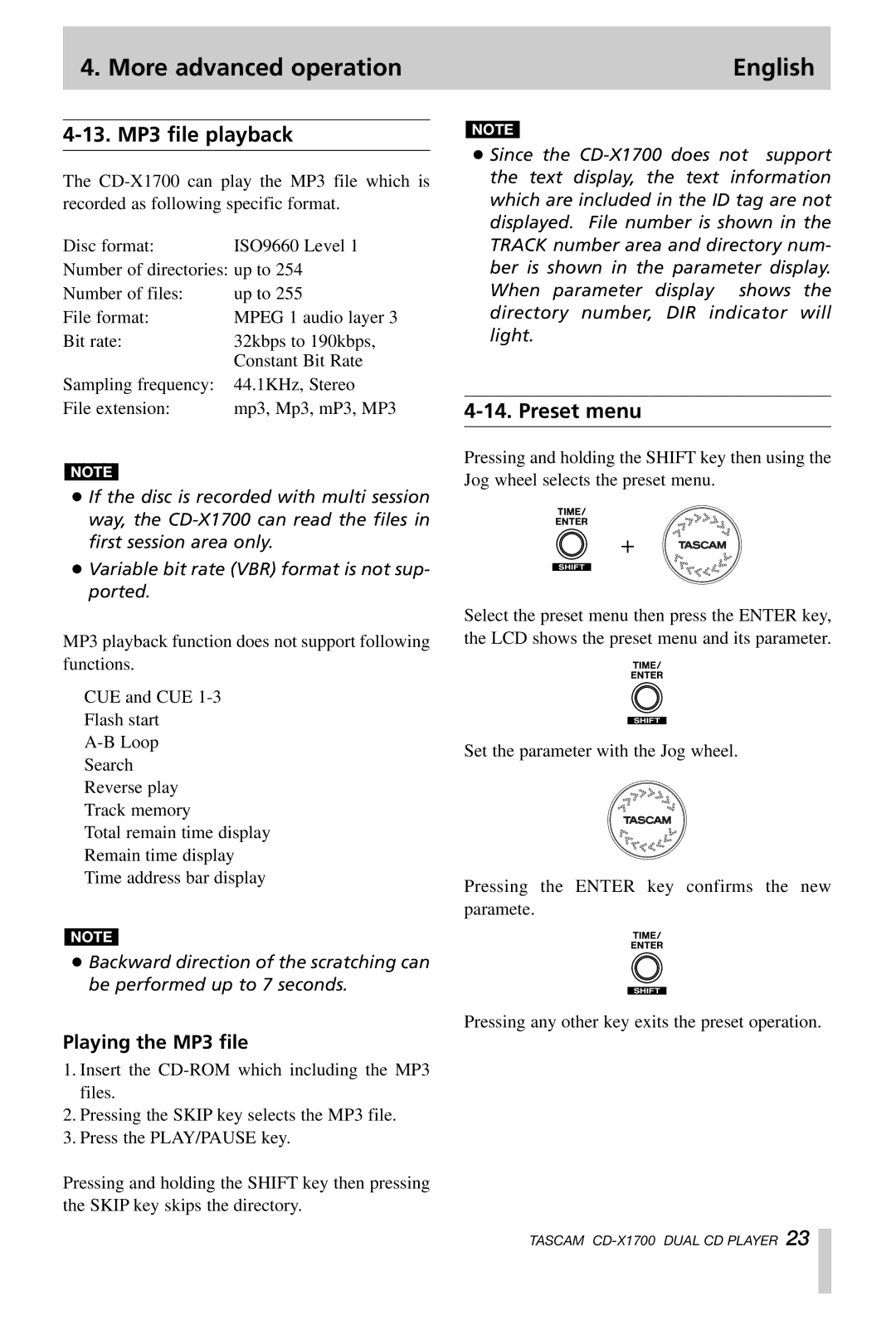 Tascam CD-X1700 owner manual 13. MP3 file playback, Preset menu, Playing the MP3 file 