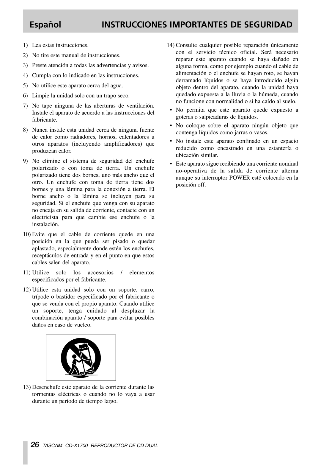 Tascam CD-X1700 owner manual Español, Instrucciones Importantes DE Seguridad 