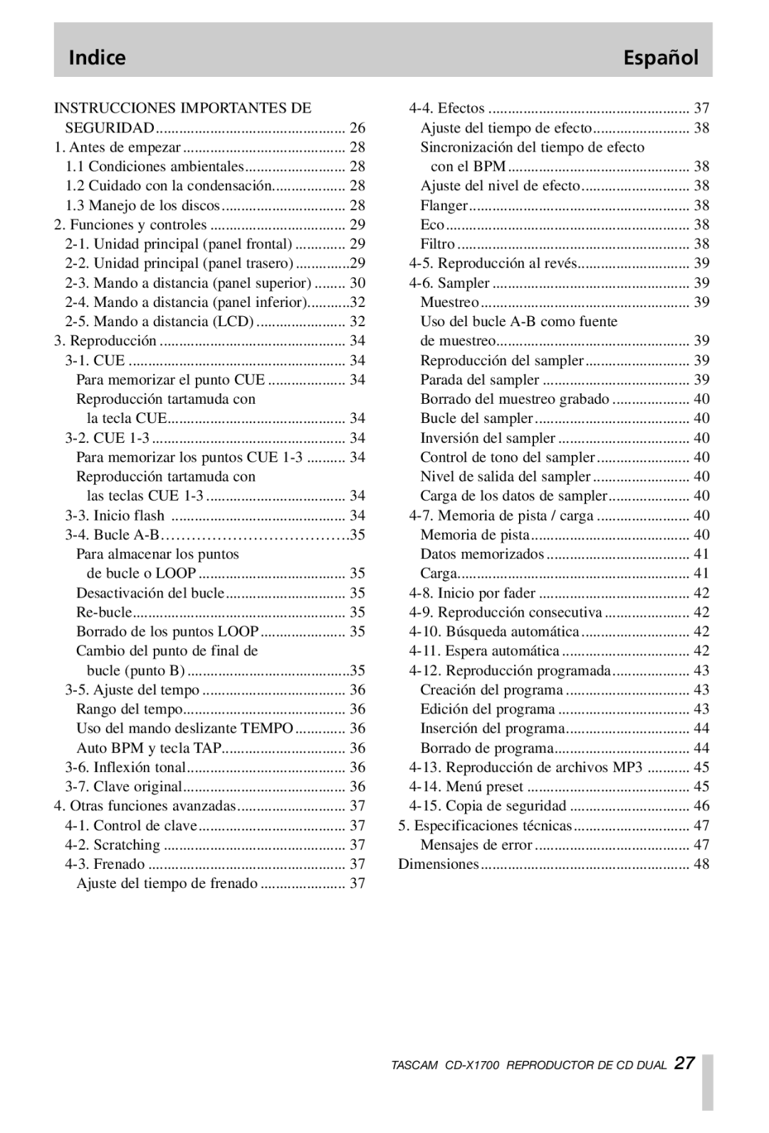 Tascam CD-X1700 owner manual Indice Español, Instrucciones Importantes DE Seguridad 