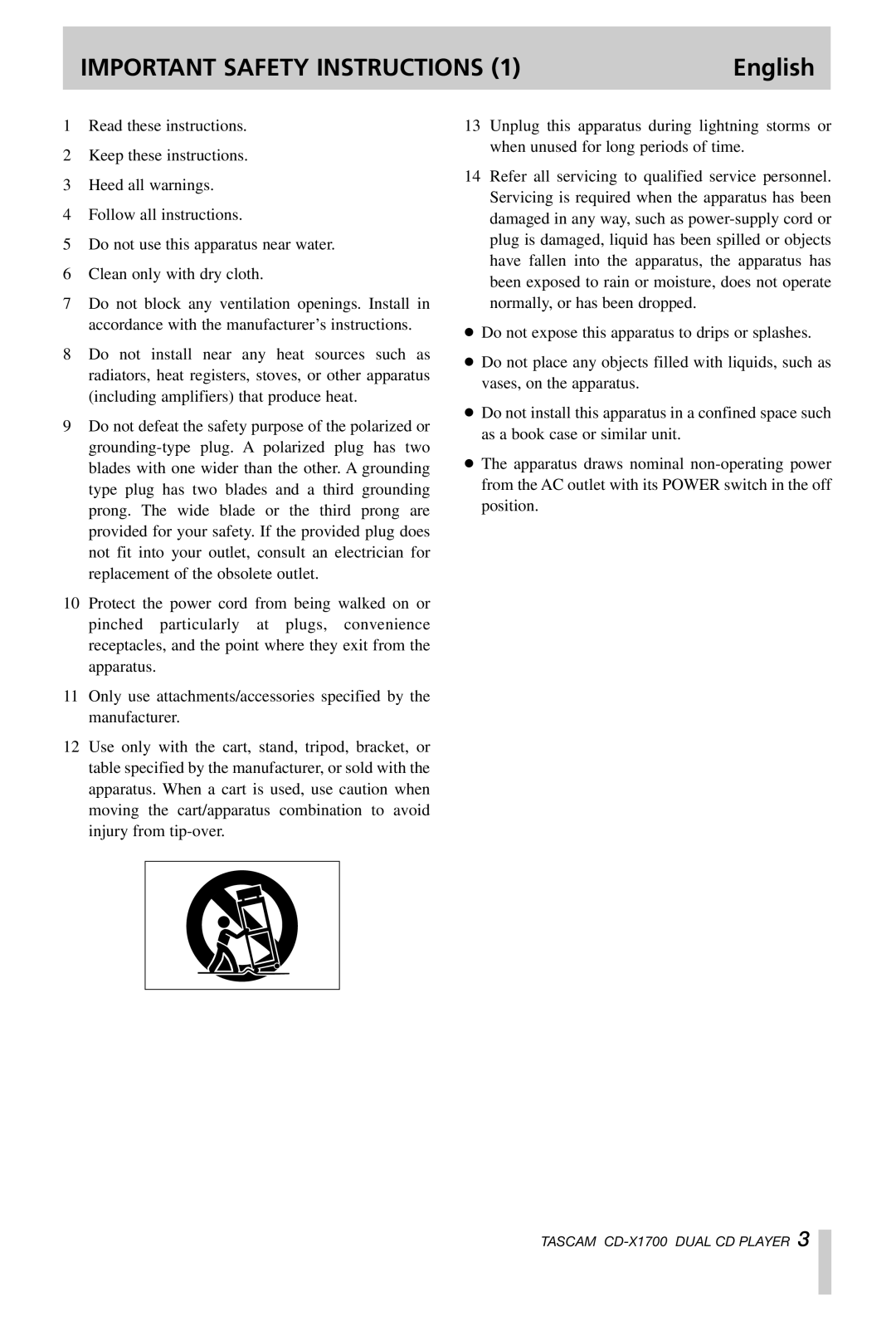 Tascam CD-X1700 owner manual Important Safety Instructions 