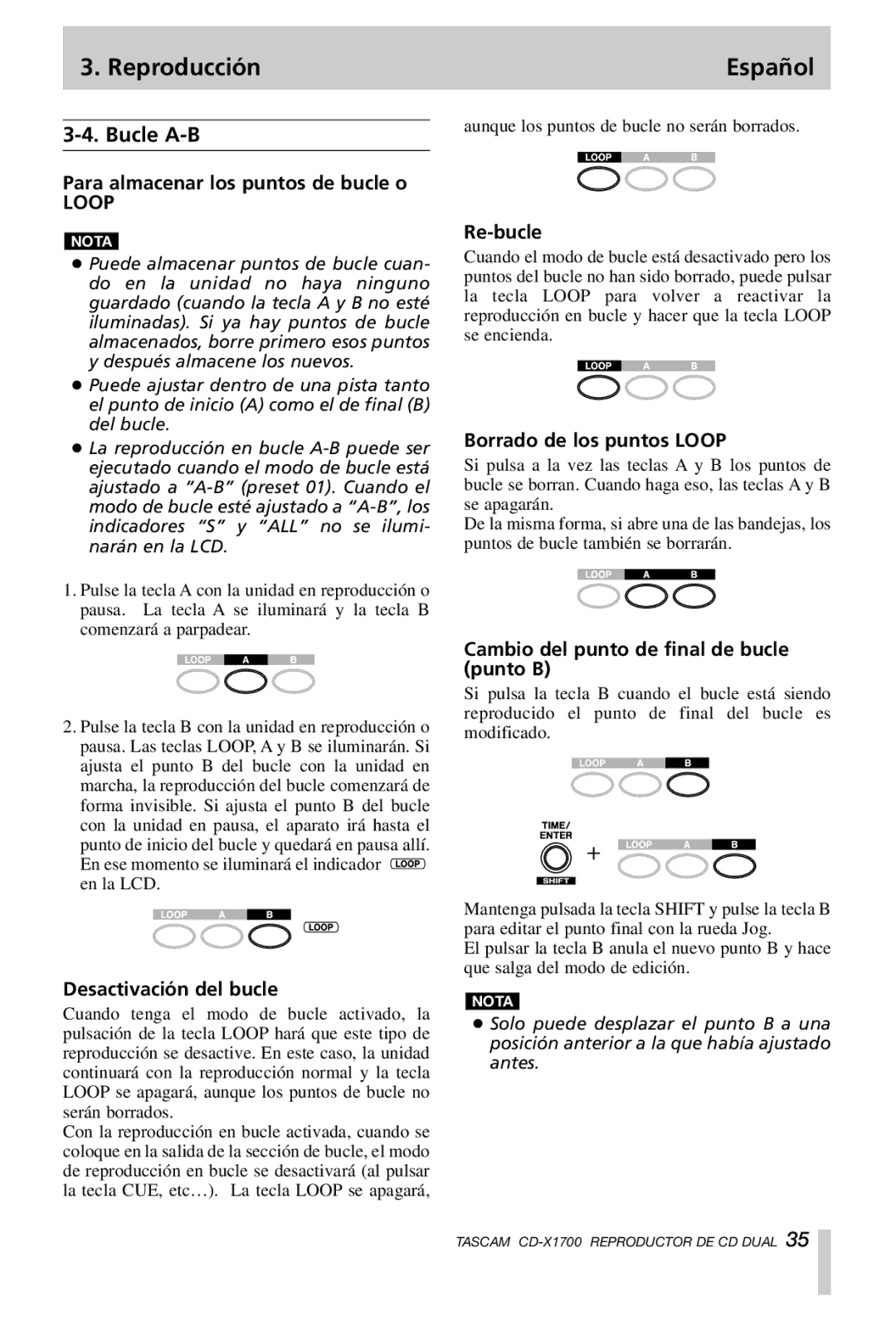 Tascam CD-X1700 owner manual Bucle A-B 