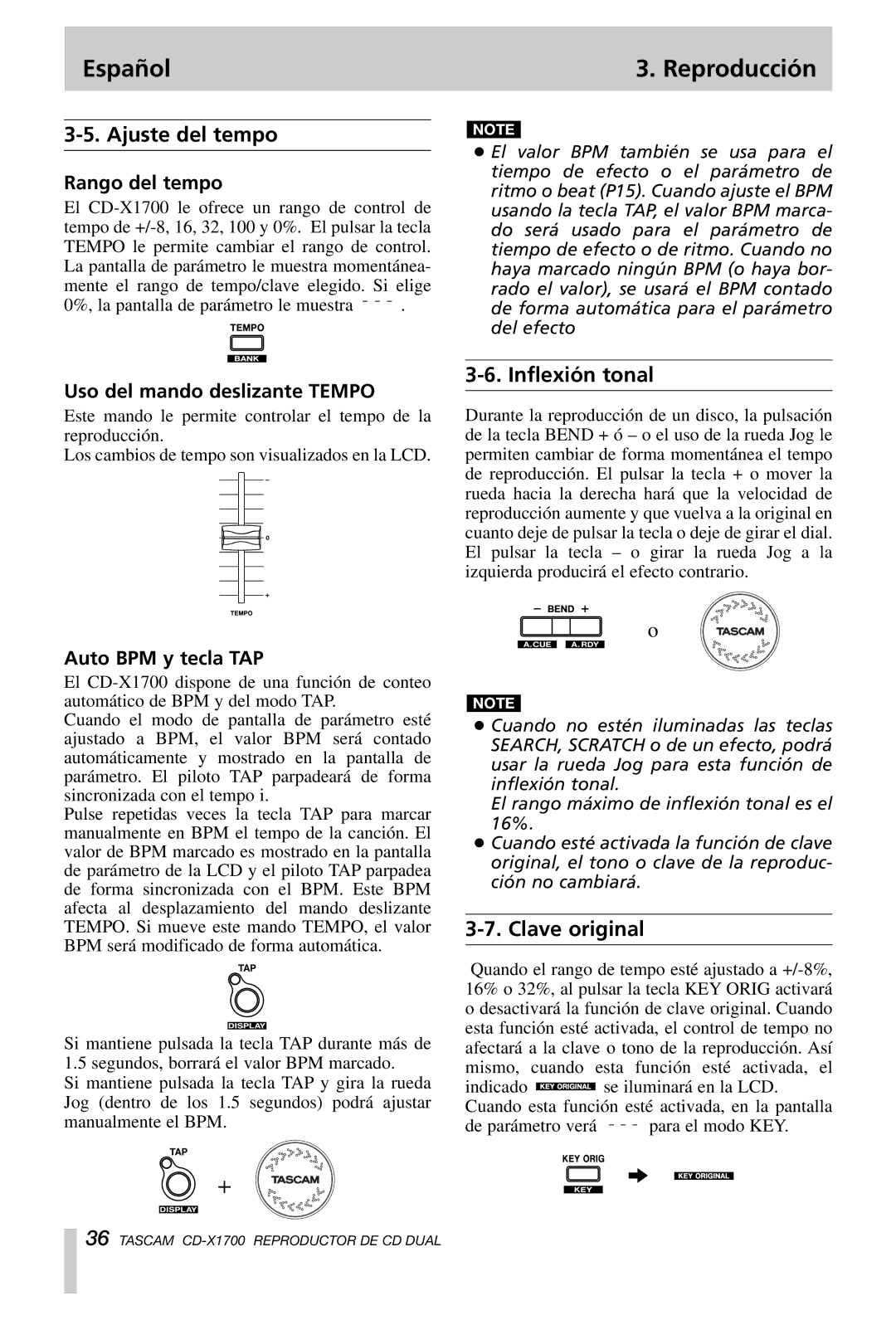 Tascam CD-X1700 owner manual Ajuste del tempo, Inflexión tonal, Clave original 