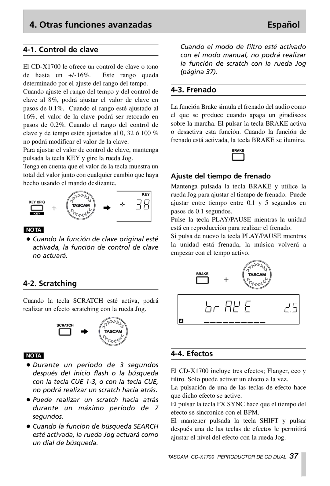 Tascam CD-X1700 Otras funciones avanzadas Español, Control de clave, Frenado, Efectos, Ajuste del tiempo de frenado 