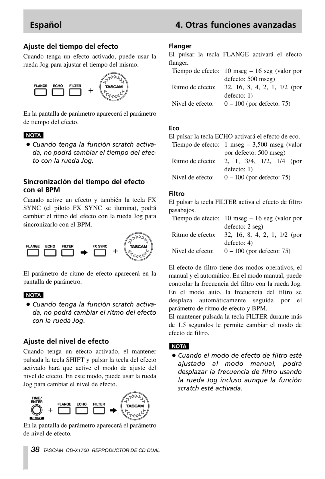 Tascam CD-X1700 Otras funciones avanzadas, Ajuste del tiempo del efecto, Sincronización del tiempo del efecto con el BPM 