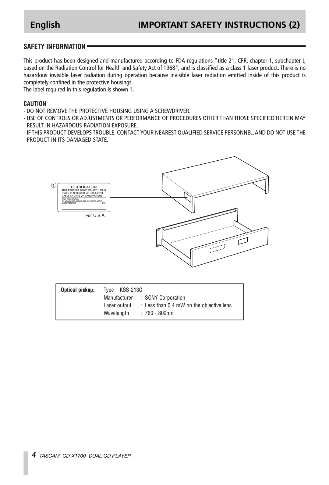 Tascam CD-X1700 owner manual Safety Information 