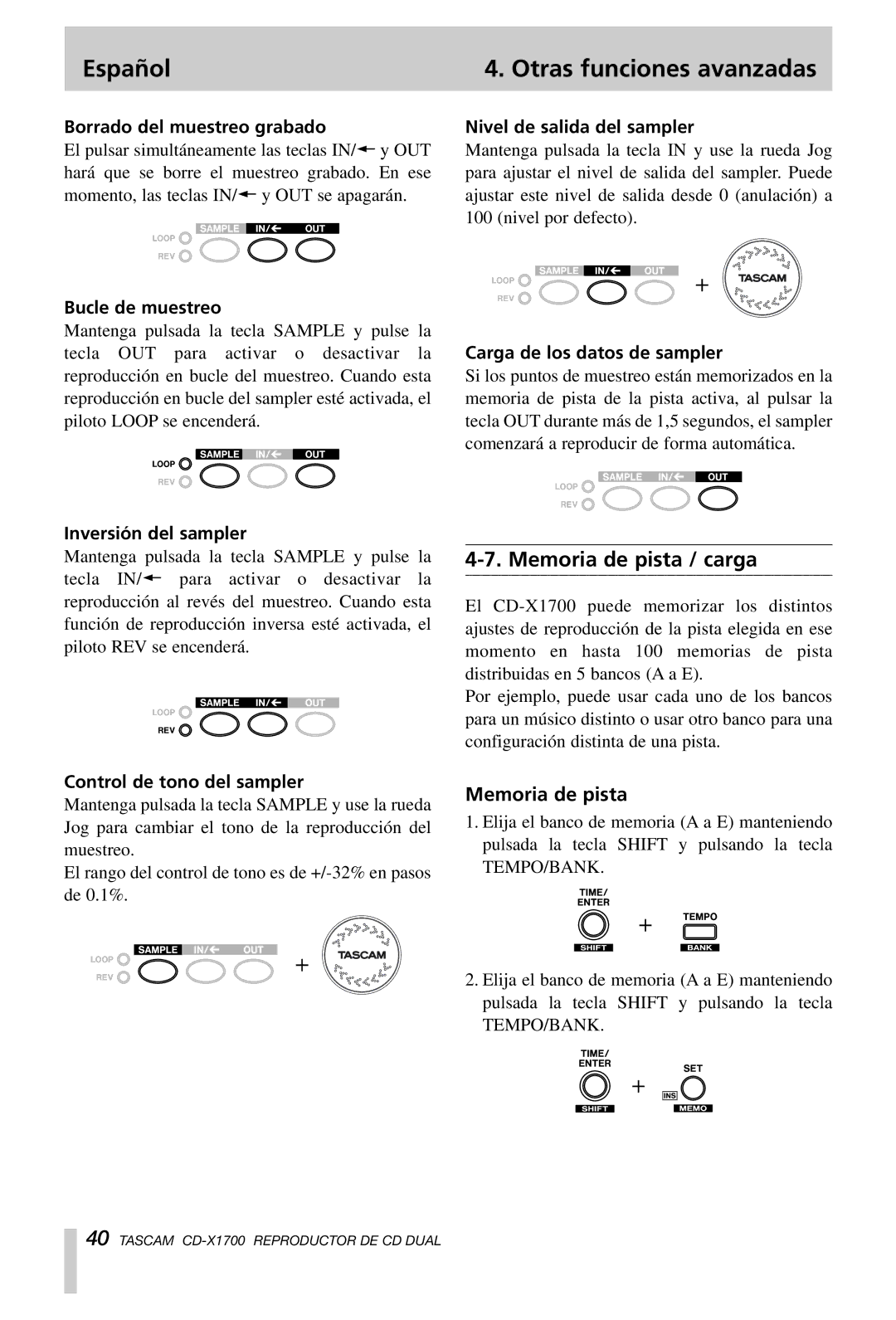 Tascam CD-X1700 owner manual Español Otras funciones avanzadas, Memoria de pista / carga 