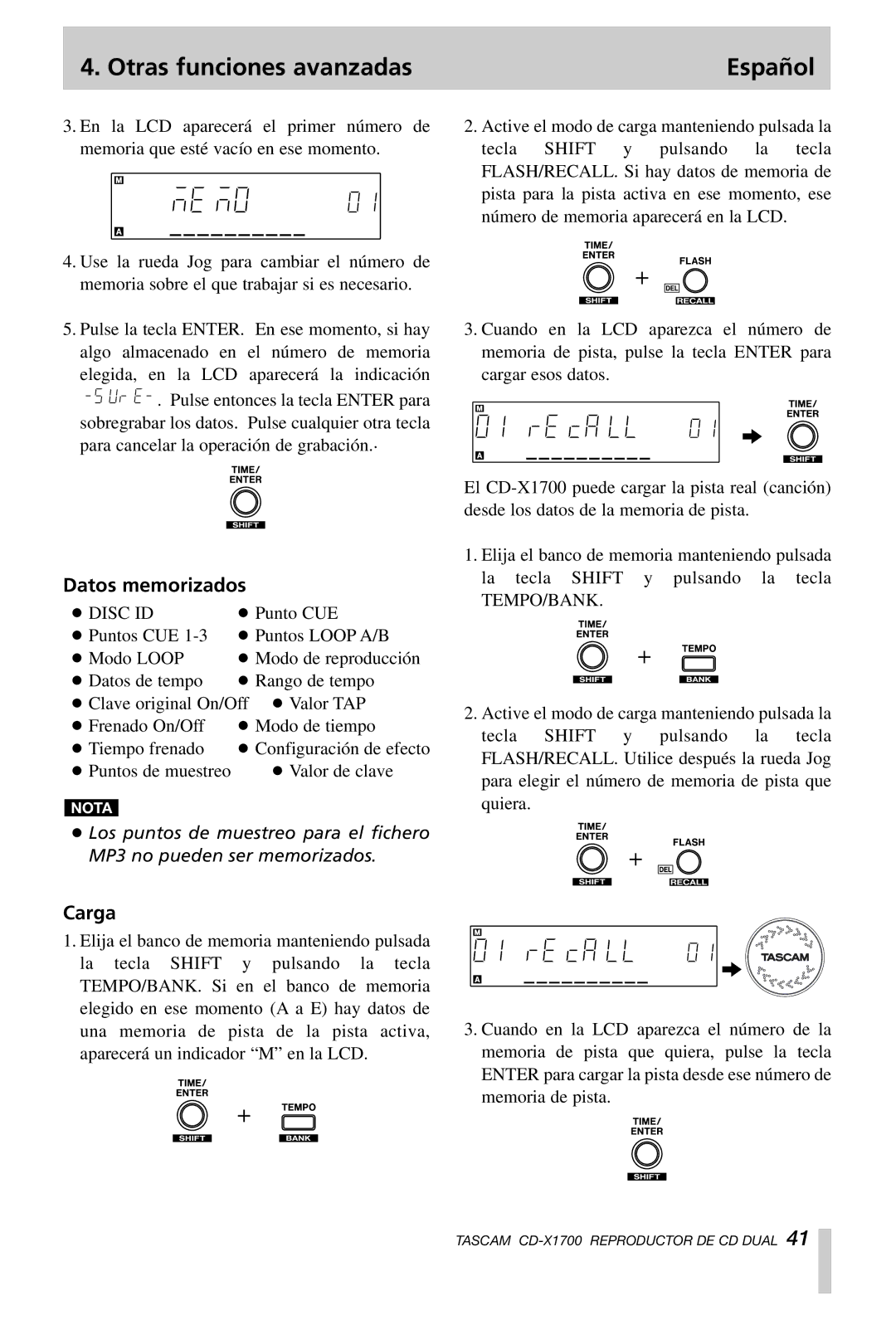 Tascam CD-X1700 owner manual Datos memorizados, Carga 