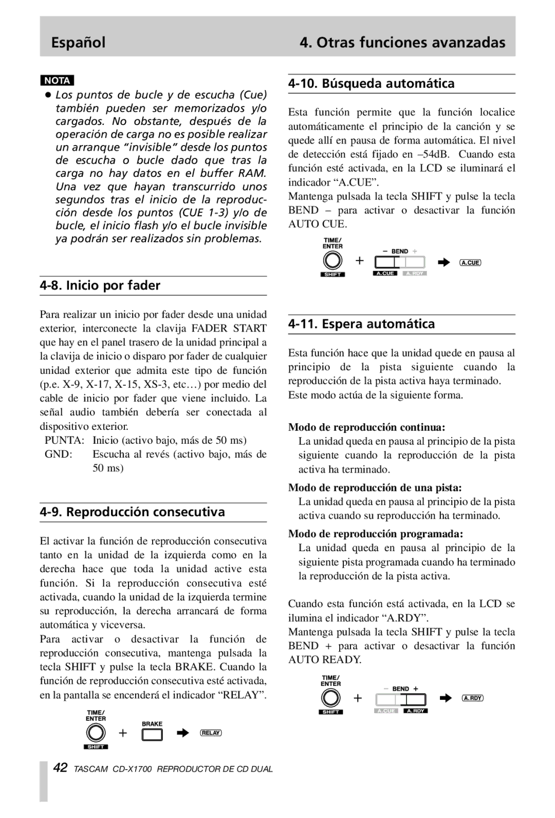 Tascam CD-X1700 owner manual 10. Búsqueda automática, Inicio por fader, Reproducción consecutiva, Espera automática 