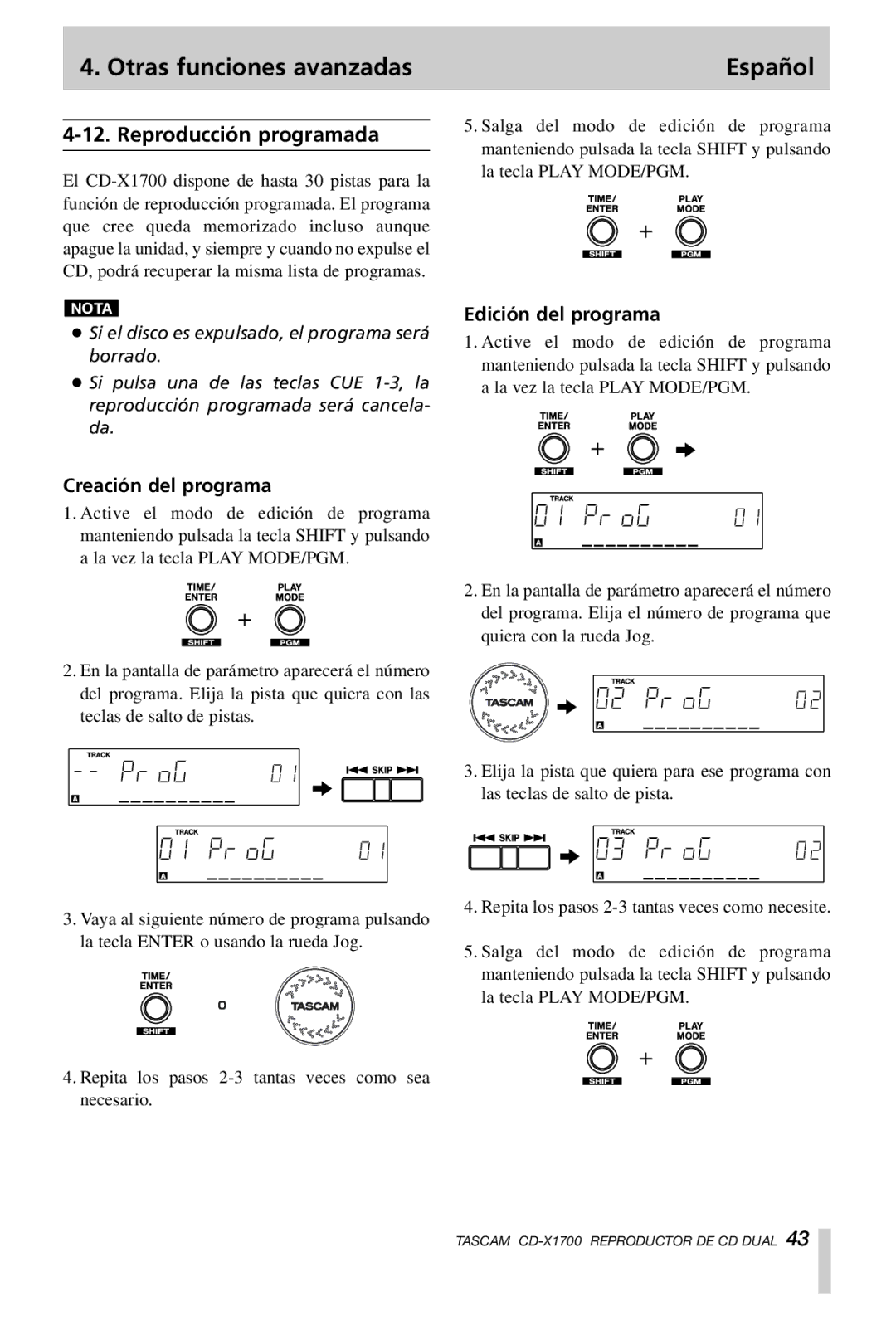 Tascam CD-X1700 owner manual Reproducción programada, Edición del programa, Creación del programa 