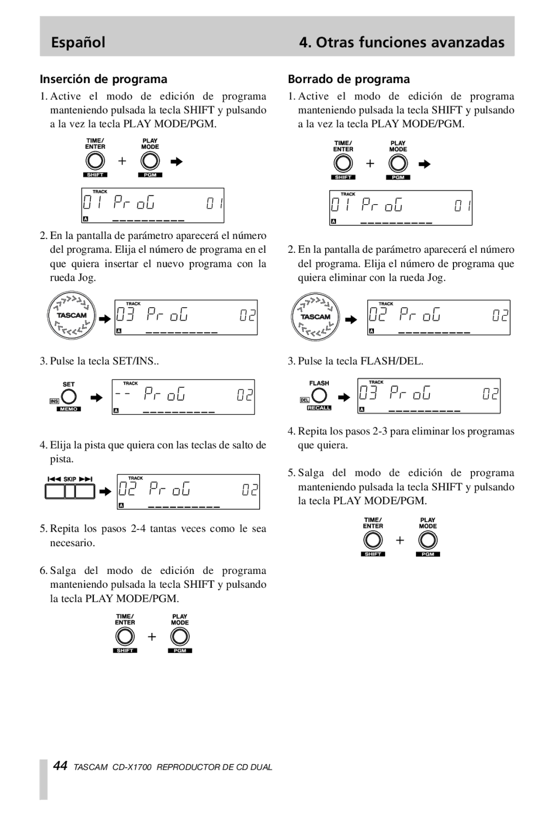 Tascam CD-X1700 owner manual Inserción de programa, Borrado de programa 