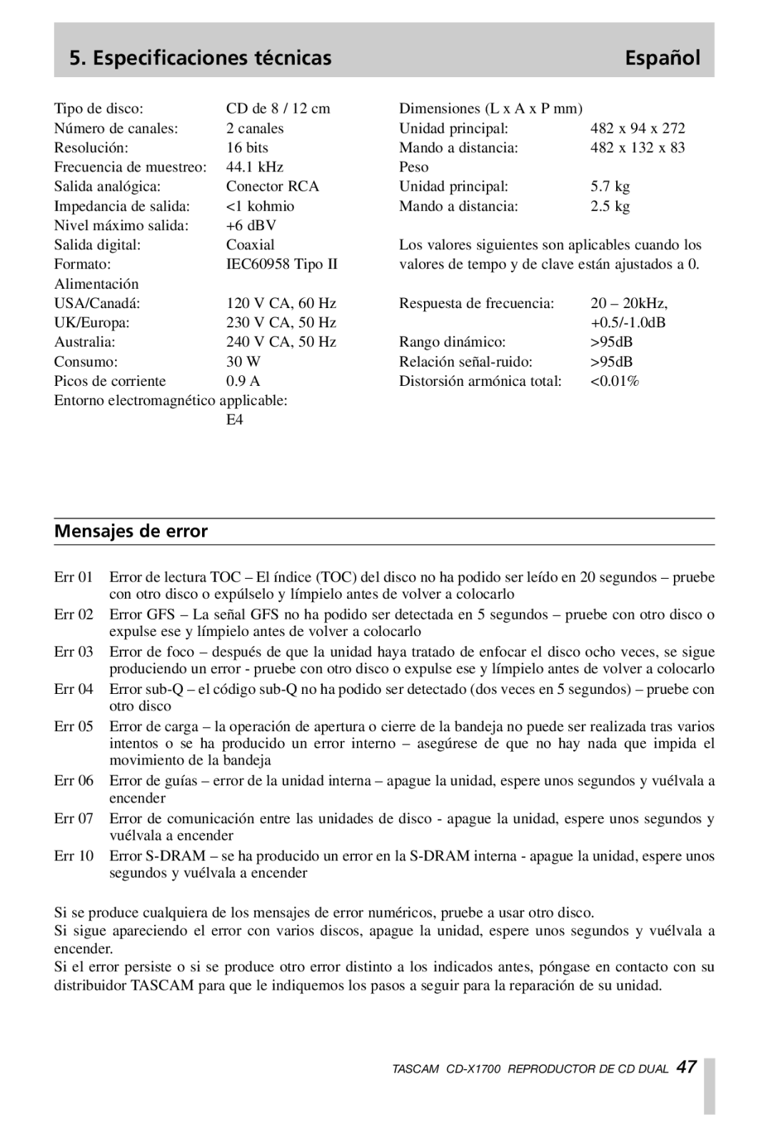 Tascam CD-X1700 owner manual Especificaciones técnicas Español, Mensajes de error 