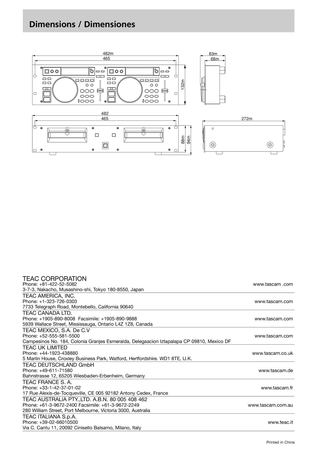 Tascam CD-X1700 owner manual Dimensions / Dimensiones, Teac Corporation 