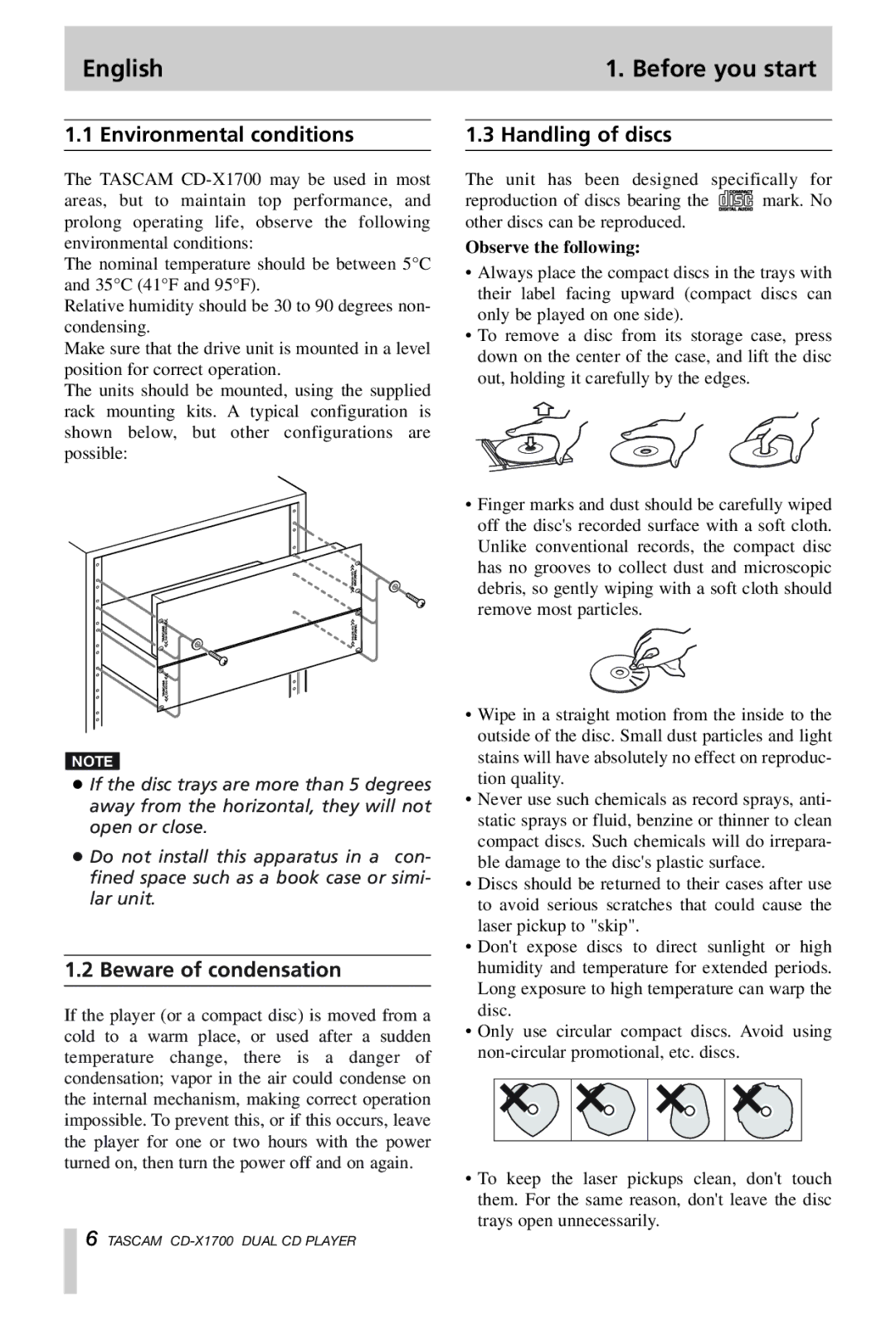 Tascam CD-X1700 owner manual English Before you start, Environmental conditions, Beware of condensation, Handling of discs 