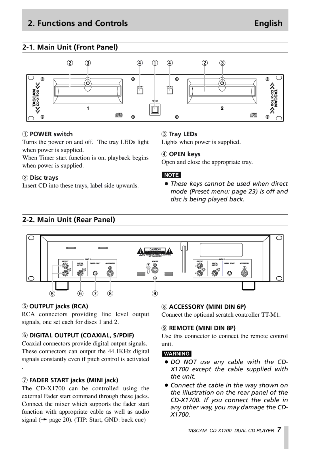 Tascam CD-X1700 owner manual Functions and Controls English, Main Unit Front Panel, Main Unit Rear Panel 