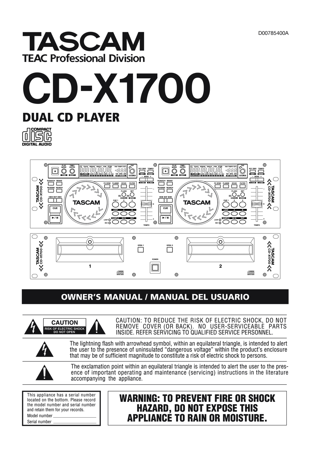 Tascam CD-X1700 owner manual Dual Cd Player, D00785400A 