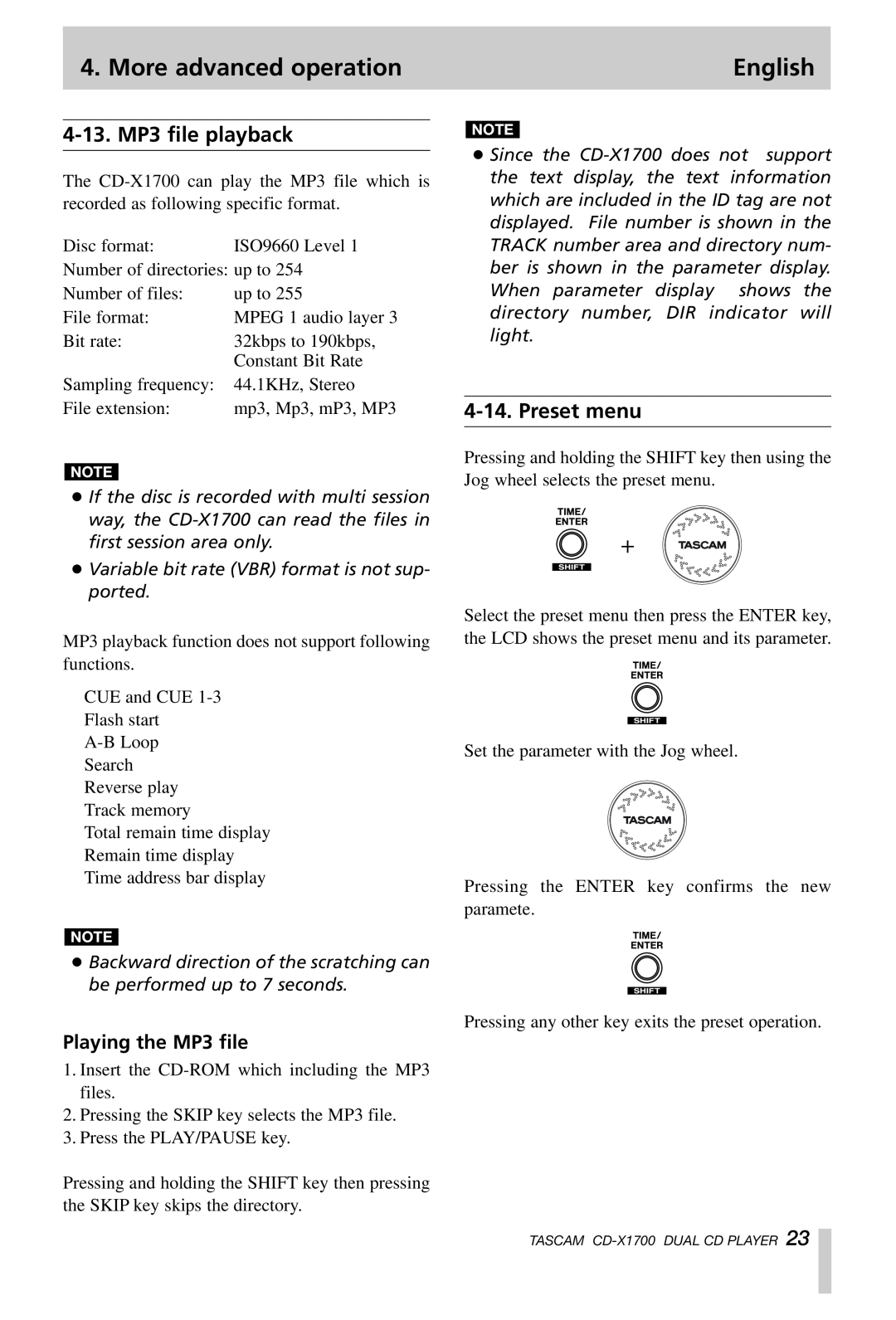 Tascam CD-X1700 owner manual 4-13.MP3 file playback, Preset menu, Playing the MP3 file, More advanced operation, English 