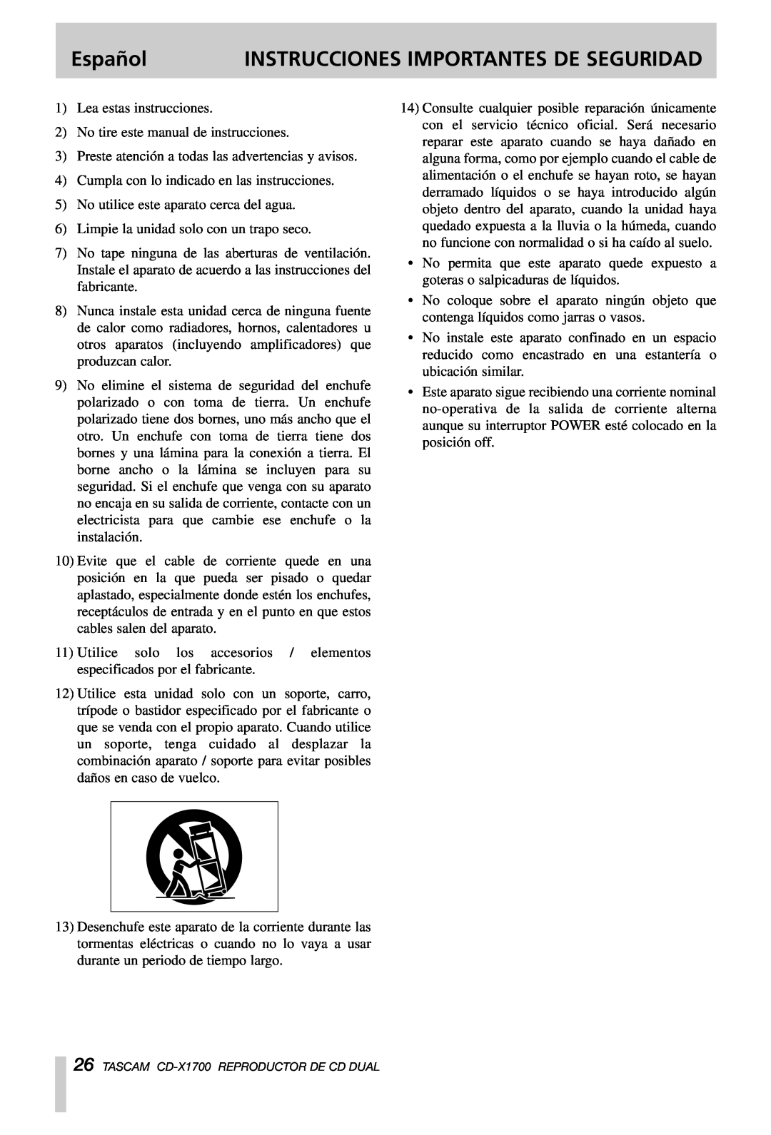 Tascam CD-X1700 owner manual Español, Instrucciones Importantes De Seguridad 
