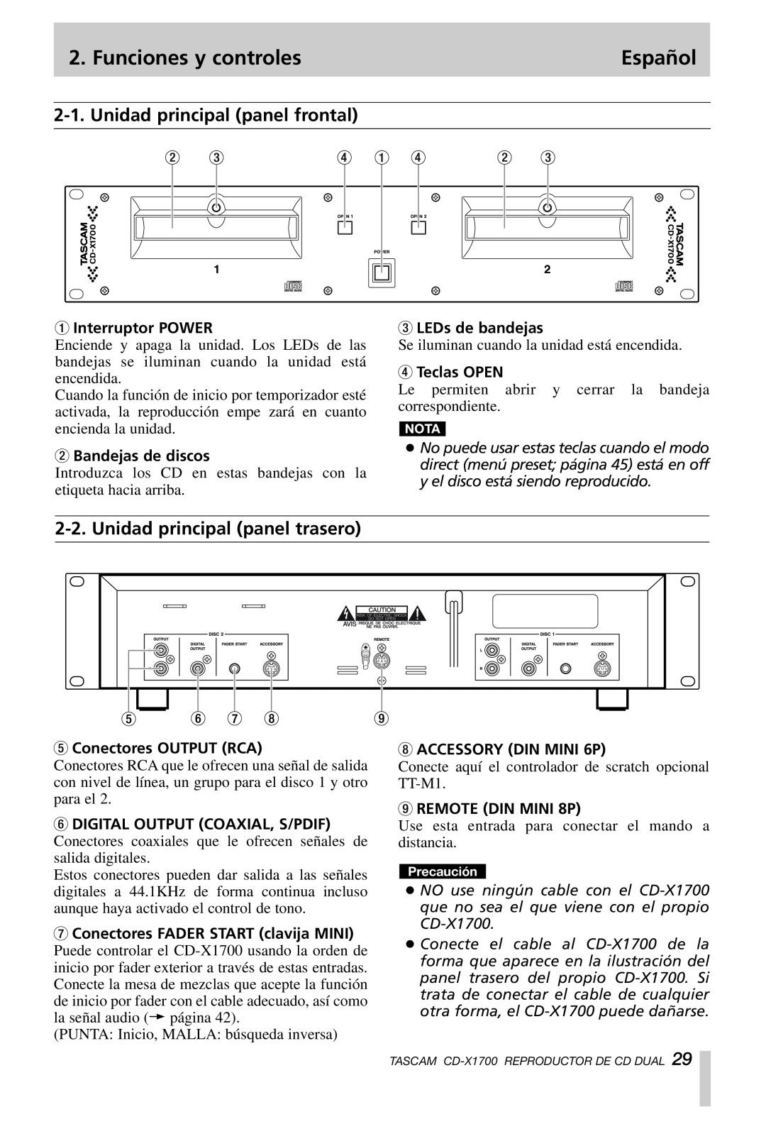 Tascam CD-X1700 owner manual Funciones y controles, Unidad principal panel frontal, Unidad principal panel trasero, Español 
