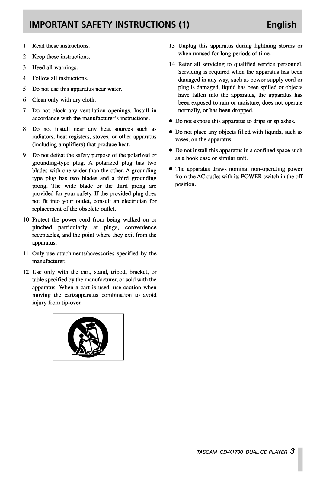 Tascam CD-X1700 owner manual Important Safety Instructions, English 
