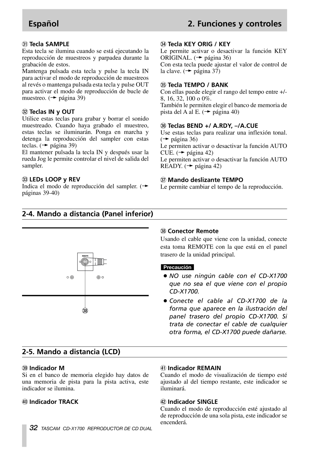 Tascam CD-X1700 owner manual Mando a distancia Panel inferior, Mando a distancia LCD, Español, Funciones y controles 