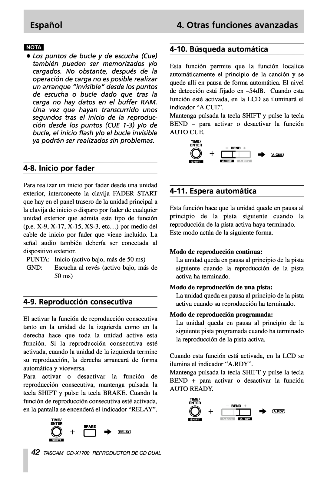 Tascam CD-X1700 4-10.Búsqueda automática, Inicio por fader, Reproducción consecutiva, Espera automática, Español 