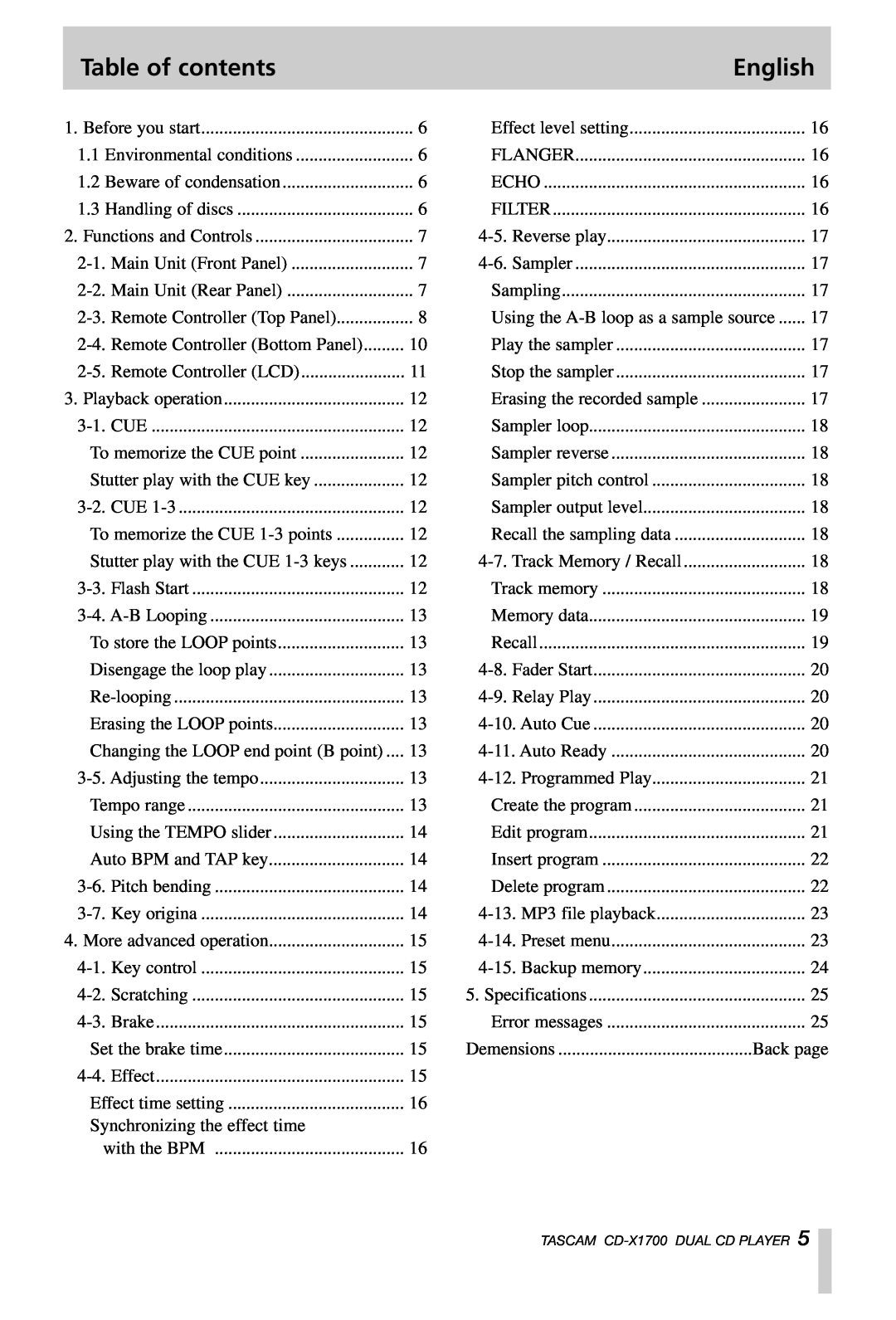 Tascam CD-X1700 owner manual Table of contents, English 
