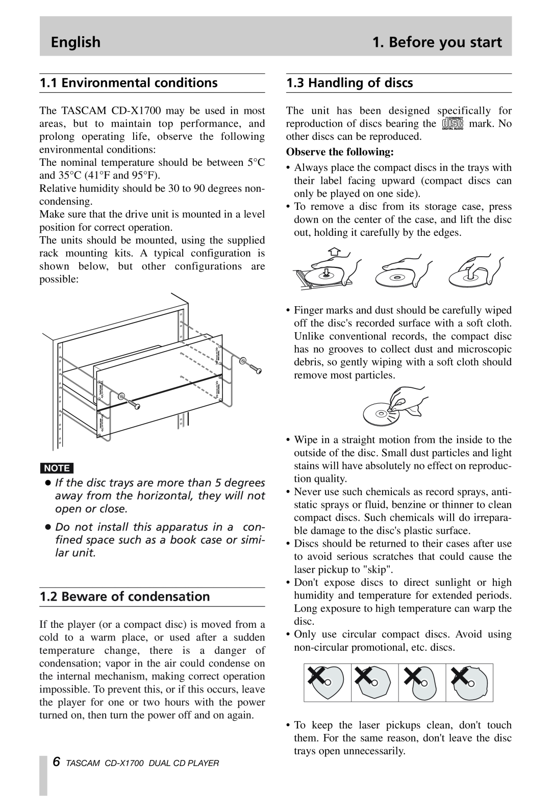 Tascam CD-X1700 owner manual Before you start, Environmental conditions, Beware of condensation, Handling of discs, English 