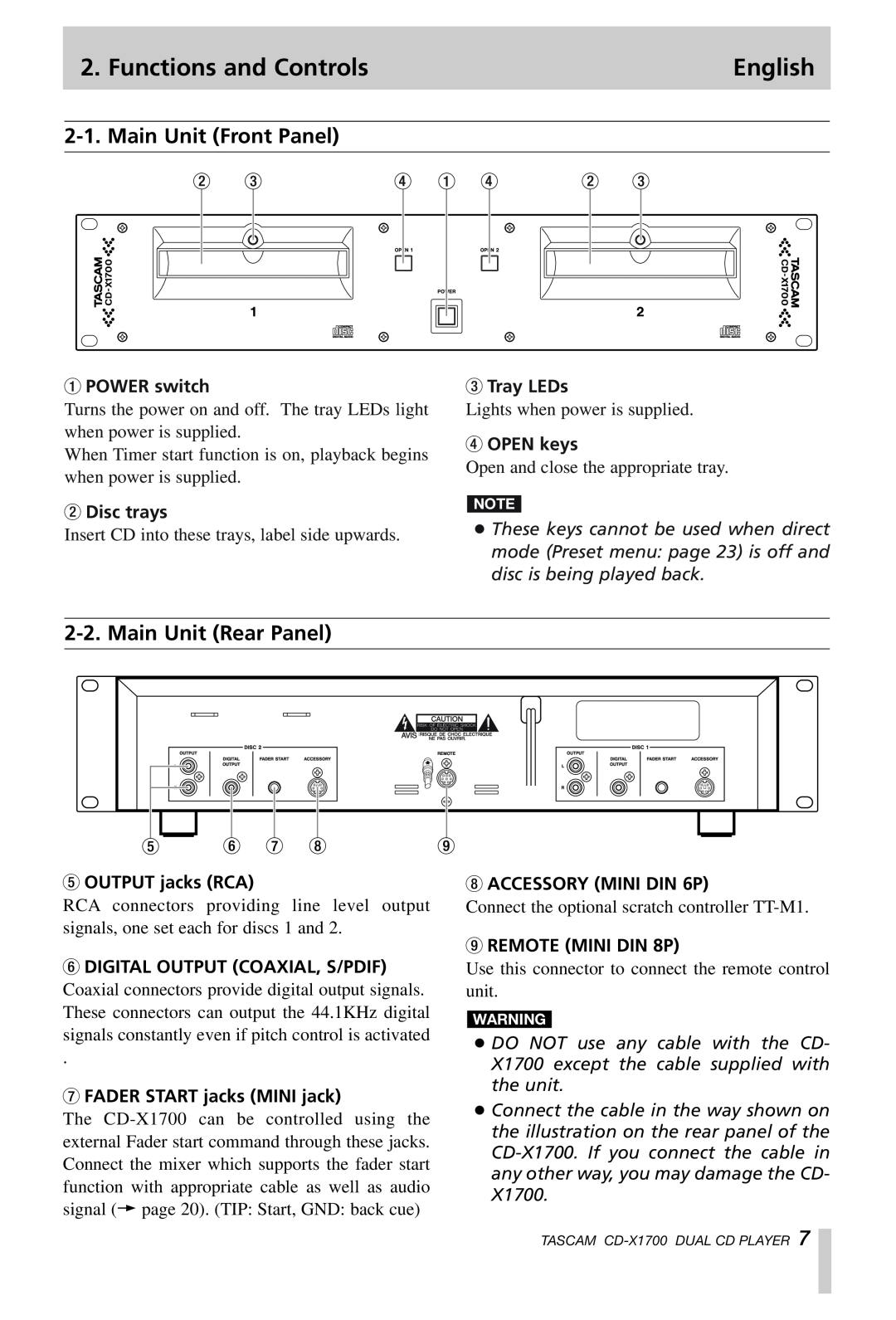Tascam CD-X1700 owner manual Functions and Controls, Main Unit Front Panel, Main Unit Rear Panel, English 