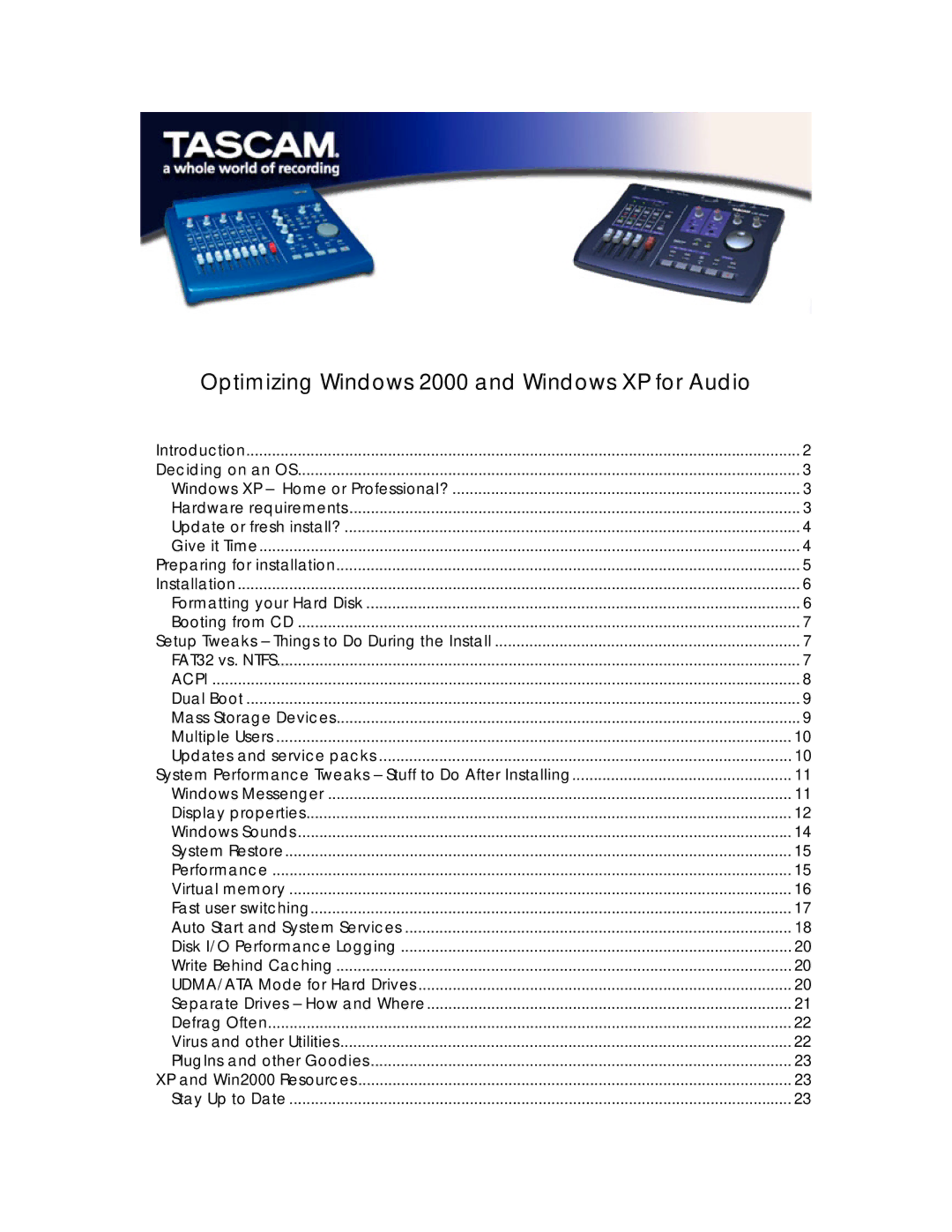 Tascam Computer Hardware manual Optimizing Windows 2000 and Windows XP for Audio 