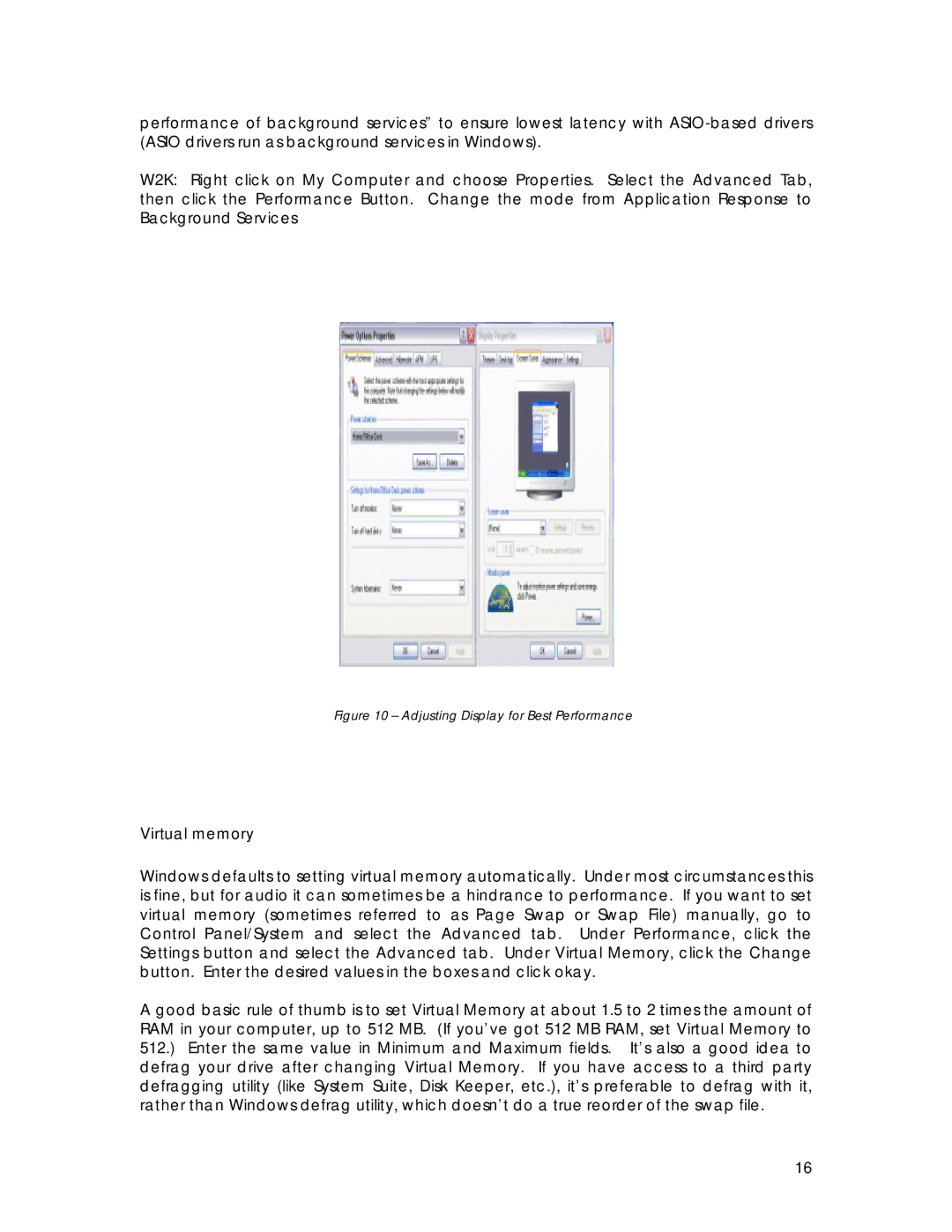 Tascam Computer Hardware manual Virtual memory, Adjusting Display for Best Performance 