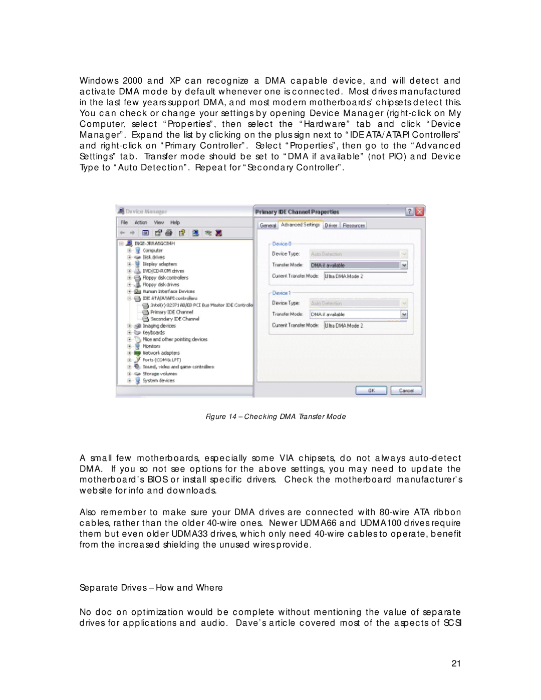 Tascam Computer Hardware manual Separate Drives How and Where, Checking DMA Transfer Mode 