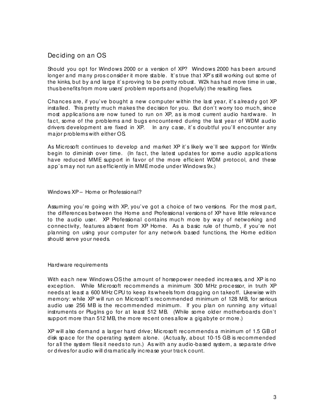 Tascam Computer Hardware manual Deciding on an OS, Windows XP Home or Professional?, Hardware requirements 