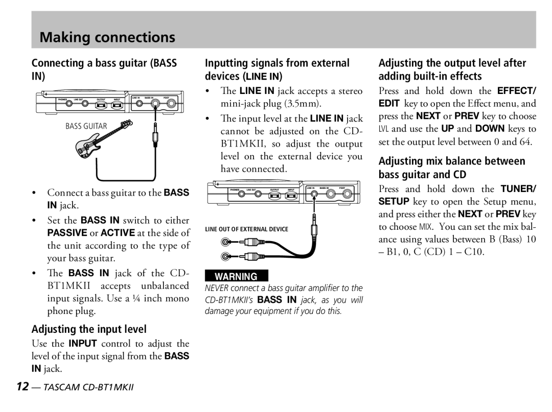 Tascam D00851300A owner manual Making connections, Connecting a bass guitar Bass, Adjusting the input level 