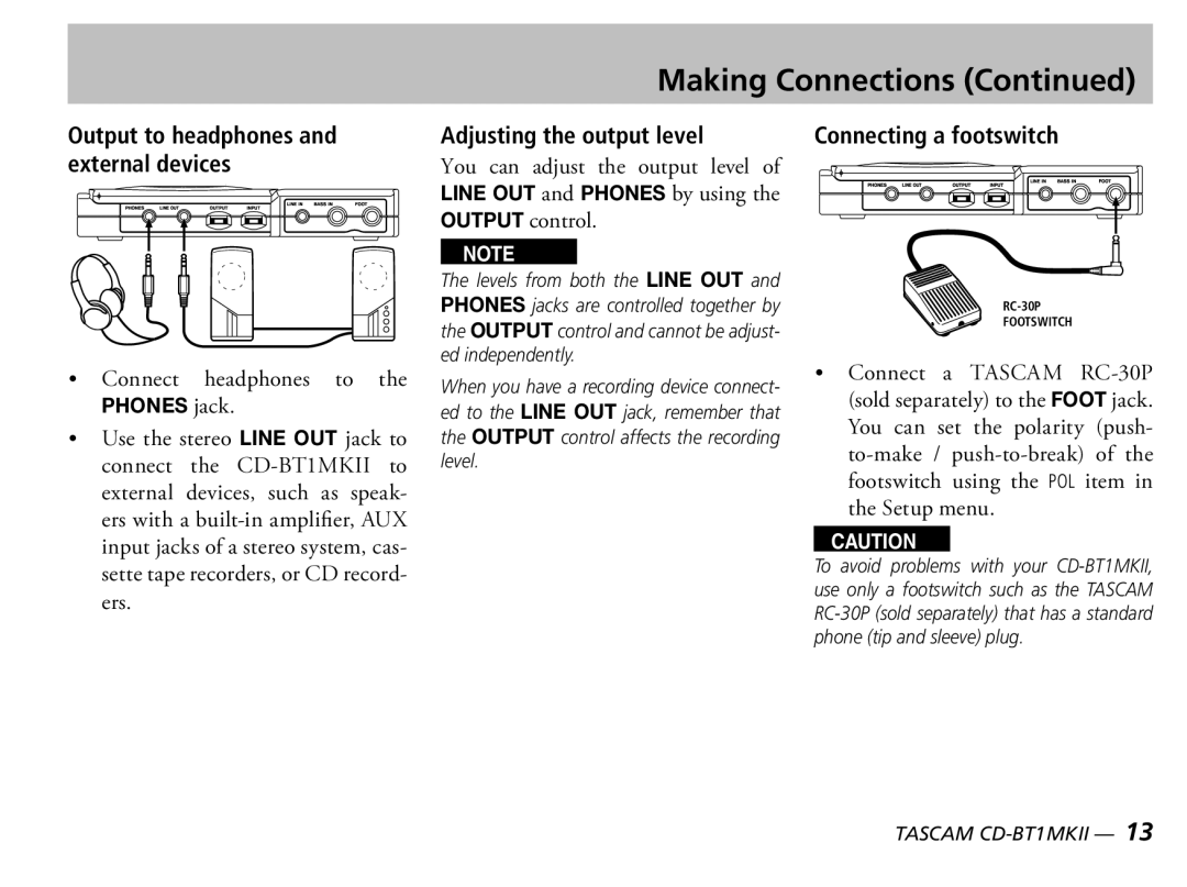 Tascam D00851300A Output to headphones and external devices, Adjusting the output level, Connecting a footswitch 