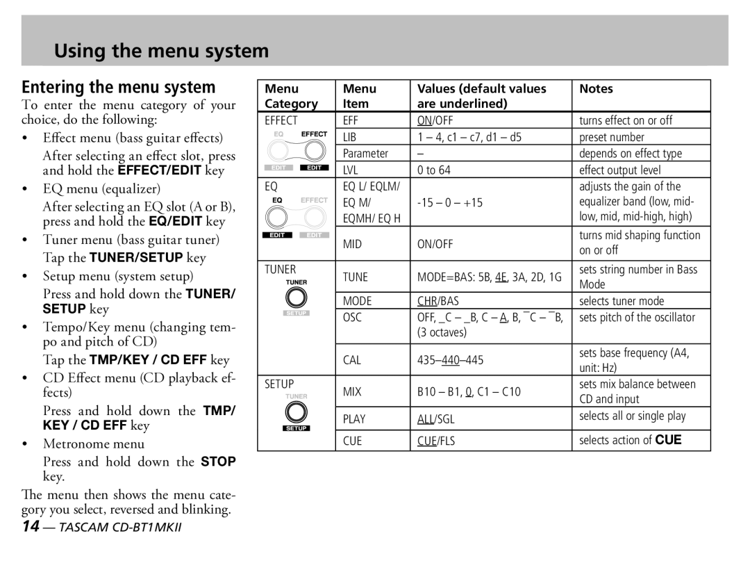 Tascam D00851300A Using the menu system, Entering the menu system,  EQ menu equalizer, Press and hold down the Stop key 