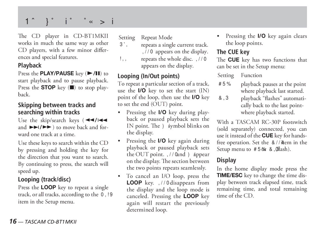 Tascam D00851300A owner manual Using the CD player, Playback, Looping track/disc, Looping In/Out points 