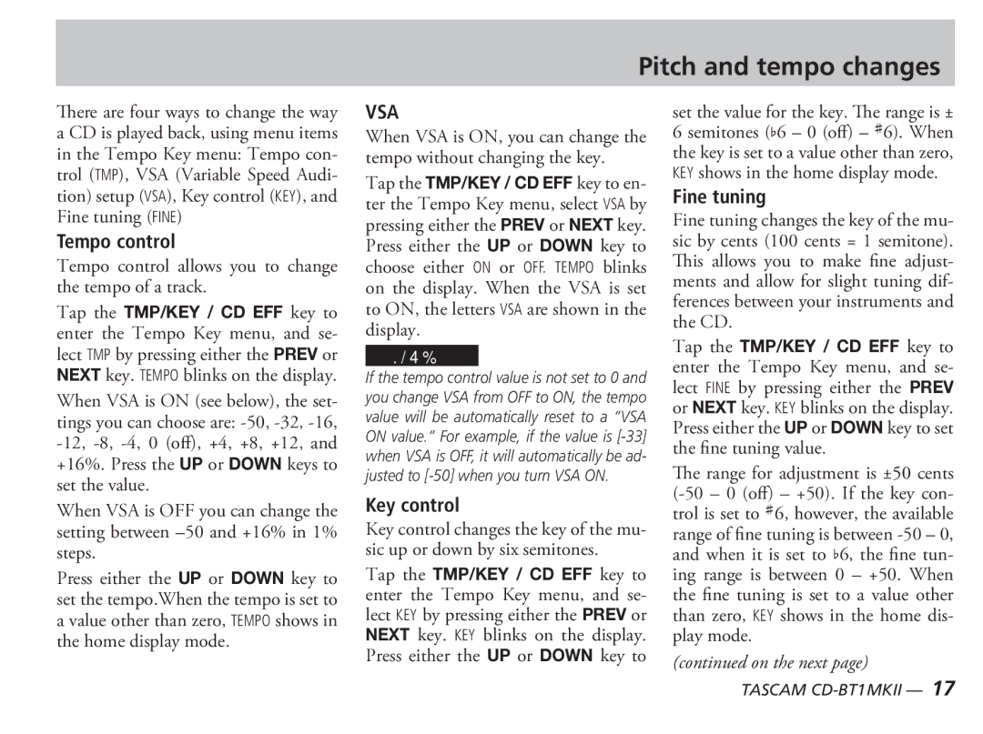 Tascam D00851300A Pitch and tempo changes, Tempo control allows you to change the tempo of a track, Key control 